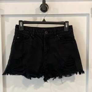 KANCAN black denim frayed shorts